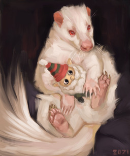 albino feet feral fur holding_object holding_toy pink_feet pink_nose red_eyes sitting solo toy whiskers white_body white_fur alexpahomov mammal mephitid skunk 2021 5:6 hi_res
