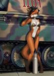 ammunition anthro bikini clothing female hat headgear headwear looking_at_viewer panther_(tank) panzer panzerkampfwagen_(tank) panzerkampfwagen_v_(tank) smile solo standing swimwear tank_(vehicle) teasing two-piece_swimsuit vehicle wide_hips elvofirida victoria_lancaster canid canine felid fox mammal hi_res