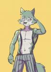 adolescent anthro athletic athletic_anthro athletic_male clothed clothing inner_ear_fluff male muscular muscular_young nipples pecs scar solo suspenders topless tuft young young_anthro sharparadise beastars legoshi_(beastars) canid canine canis mammal wolf absurd_res hi_res