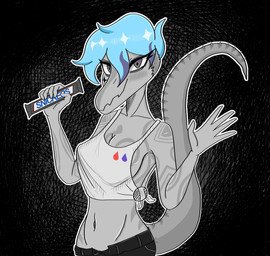 abstract_background anthro arm_tattoo biped blue_hair blush breast_tattoo breasts candy chest_tattoo clothed clothed_anthro clothed_female clothing crop_top dessert female fingers food front_view grey_body grey_eyes hair holding_candy holding_food holding_object humanoid_hands long_tail looking_at_viewer markings medium_breasts midriff navel non-mammal_breasts non-mammal_navel shirt short_hair side_boob smile solo spiked_tail spikes spikes_(anatomy) striped_markings stripes tail tattoo topwear white_clothing white_crop_top white_topwear gothgator0 goodbye_volcano_high ko_op_(game_developer) nick_(gvh) baryonyx dinosaur prehistoric_species reptile saurischian scalie spinosaurid theropod half-length_portrait hi_res portrait restricted_palette