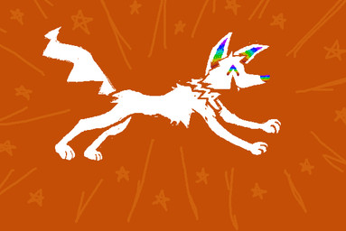 ambiguous_gender eyes_closed feral fur happy jumping multicolored_eyes open_mouth open_smile orange_background rainbow_eyes rainbow_inner_ear rainbow_nose simple_background smile solo sparklefur white_body white_fur demensa rainbowpaw_(demensa) canid canine canis domestic_dog mammal full-length_portrait portrait