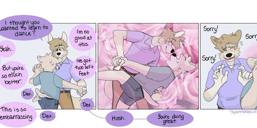 anthro belt bodily_fluids dancing dialogue dip_(dance) duo flower male male/male nervous plant short size_difference smile sweat tail tail_motion tailwag text p_rindustries dexter_(p_rindustries) kevin_(p_rindustries) canid canine mammal comic english_text