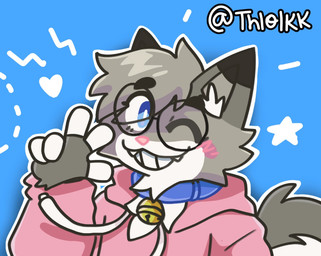 anthro bell bell_collar blue_collar blue_eyes blush blush_lines clothed clothing collar dipstick_ears dipstick_fingers ear_markings eyewear femboy fur gesture glasses gold_bell grey_body hair hand_gesture heart_symbol hoodie looking_at_viewer male markings multicolored_ears one_eye_closed pink_clothing pink_hoodie pink_nose pink_topwear raised_arm round_glasses simple_background smile solo star tail teeth topwear v_sign wearing_glasses wink winking_at_viewer thlolkk nixuelle domestic_cat egyptian_mau felid feline felis mammal 2026 digital_media_(artwork) half-length_portrait hi_res portrait