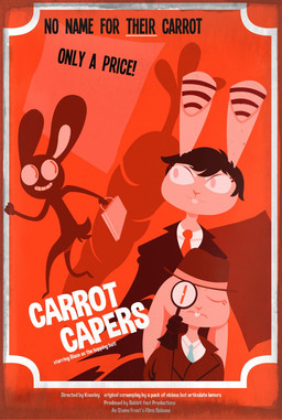 anthro black_text briefcase buckteeth carrot clothed clothing food fur group hair hat headgear headwear holding_object looking_at_viewer looking_back magnifying_glass movie_poster necktie one_eye_closed open_mouth parody plant poster poster_template simple_background smile standing suit teeth text title vegetable white_text shane_frost lagomorph leporid mammal rabbit 2017 digital_media_(artwork) english_text hi_res restricted_palette