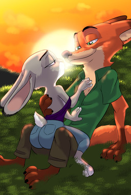 anthro barefoot butt chest_tuft clothed clothing dipstick_ears duo ear_markings eye_contact feet female furgonomics grass hand_on_back hand_on_chest looking_at_another male male/female multicolored_ears off_shoulder on_lap outside plant romantic romantic_ambiance romantic_couple sitting sitting_on_lap sky smile sun sunset tail tail_clothing tuft akiric disney zootopia judy_hopps nick_wilde canid canine fox lagomorph leporid mammal rabbit red_fox true_fox 2017