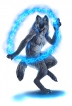 anthro blue_eyes breasts circle dancing digitigrade female fur grey_body grey_fur magic magic_user nude simple_background solo tail white_background kalira rayndancer canid canine canis mammal wolf