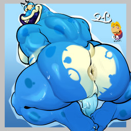 anthro anus big_butt big_tongue blue_penis bodily_fluids butt camera embarrassed genitals male penis slit_penis solo spread_anus spreading sweat tongue smbrick rayman_(series) ubisoft globox rayman amphibian 1:1 hi_res