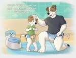 anthro blush bodily_fluids brown_body brown_fur clothing dialogue diaper duo fur genital_fluids hand_on_head kneeling leaking_diaper male pawpads potty pull-ups_(diaper) shirt t-shirt text topwear unclean_diaper urine urine_pool used_diaper wet_diaper white_body white_fur young baltnwolf bluey_(series) jack's_dad_(bluey) jack_russell_(bluey) canid canine canis domestic_dog hunting_dog jack_russell_terrier mammal terrier 2024 digital_media_(artwork) hi_res father_(lore) father_and_child_(lore) father_and_son_(lore) parent_(lore) parent_and_child_(lore) parent_and_son_(lore) son_(lore)