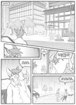 ambiguous_gender anthro butt_slap car city city_background cityscape clothed clothing detailed_background dialogue eyewear female glasses group inner_ear_fluff male outside plant slap speech_bubble text tree tuft vehicle kifyun2 sho_kimura canid canine fox mammal absurd_res black_and_white english_text hi_res monochrome