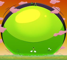 air_from_nose air_inflation air_puff belly belly_expansion big_belly black_bottomwear black_clothing black_pants bodily_fluids body_expansion bottomwear close_to_bursting clothing expansion glistening glistening_body huge_belly hyper hyper_belly implied_popping inflation kerchief motion_lines orange_sky pants rounded_snout sky snout sweat water wave yellow_sclera snorts 20th_century_fox eek!_the_cat fox_kids nelvana the_terrible_thunderlizards doc_tari kutter squatt_(the_terrible_thunderlizards) dinosaur prehistoric_species reptile scalie 2025 hi_res