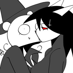 accessory anthro black_hair breasts clothing cross cross-popping_vein duo eyelashes female female/female grey_clothing grey_hat grey_headwear hair hair_accessory hairclip hat headgear headwear inverted_cross inverted_cross_hair_clip kissing looking_at_another narrowed_eyes red_sclera sharp_teeth simple_background teeth text white_background white_body white_ears witch_hat xarop77 catwitch_(xarop77) bear domestic_cat felid feline felis mammal 1:1 2025 digital_drawing_(artwork) digital_media_(artwork) hi_res
