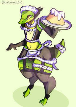 anthro black_clothing blush blush_lines clothing femboy food green_body green_tail happy holding_food holding_object legwear maid_collar maid_hat maid_headdress maid_uniform male navel nipples simple_background solo sweet_bun tail thigh_highs thong tray underwear uniform felimino palomino_0v0 bethesda_game_studios microsoft skyrim the_elder_scrolls the_lusty_argonian_maid argonian reptile scalie absurd_res colored hi_res