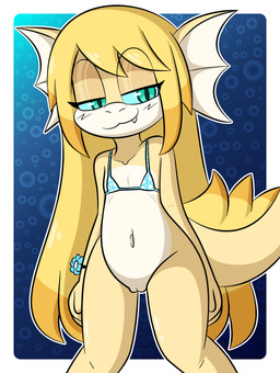 :3 anthro bedroom_eyes belly bikini bikini_top biped blonde_hair blue_eyes border bottomless bottomless_anthro bottomless_female breasts clothed clothing countershade_face countershade_torso countershading cute_fangs eyelashes fangs female female_anthro flat_chested genitals hair innie_vulva knock-kneed looking_at_viewer narrowed_eyes navel non-mammal_breasts non-mammal_hair non-mammal_navel outline pattern_background pattern_bikini pattern_clothing pattern_swimwear seductive simple_background small_breasts solo swimwear tail teeth thigh_gap two-piece_swimsuit vulva white_belly white_border white_chest yellow_arms yellow_hands yellow_legs yellow_neck young young_anthro young_female dreameclipsewolf helmeted_lizard lizard reptile scalie absurd_res cel_shading colored digital_media_(artwork) hi_res shaded