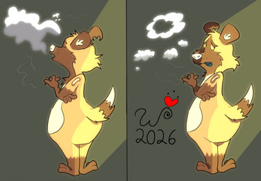 3_toes 4_fingers anthro belly big_belly big_butt black_eyes blowing_smoke blue_mouth brown_body brown_ears brown_eyebrows brown_face brown_feet brown_fur brown_hands brown_markings butt casual_nudity cheek_tuft chest_tuft cigar cigar_smoke cigarette countershade_butt countershading curling_tail cute_fangs dipstick_tail drugs eyebrows eyes_closed facial_tuft fangs featureless_butt feet fingers fur glance gloves_(marking) green_background half-closed_eyes head_tuft holding_cigar holding_cigarette holding_object huge_butt humanoid_hands humanoid_heel inner_ear_fluff leg_markings light light_beam looking_aside looking_aside_at_viewer looking_at_viewer looking_back looking_back_at_viewer male markings monobutt multicolored_body multicolored_fur narrowed_eyes notched_ear nude open_mouth overweight overweight_anthro overweight_male paws pear-shaped_figure plantigrade raised_tail rear_view simple_background smoke smoke_from_mouth smoking socks_(marking) solo standing stoned substance_intoxication sunbathing sunbeam sunlight tail tail_markings tan_body tan_fur teal_tongue teeth toes tongue toony tuft two_frame_image two_panel_image whisker_spots white_belly white_inner_ear_fluff white_markings white_nose white_tail_tip wide_hips yellow_sclera wheeler-bertrand cam_(camcartoonfanatic) african_wild_dog canid canine mammal 2026 colored comic dated digital_drawing_(artwork) digital_media_(artwork) hi_res lighting signature