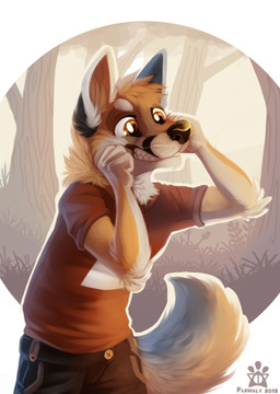 anthro bottomwear clothed clothing fully_clothed fur grin inner_ear_fluff male multicolored_body multicolored_fur orange_body orange_eyes orange_fur pants red_clothing red_shirt red_topwear shirt smile solo standing teeth topwear tuft two_tone_body two_tone_fur whiskers white_body white_fur flemaly aiden_fox canid canine fox mammal 2015 hi_res