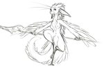 anthro breasts digital_drawing_(artwork) digital_media_(artwork) feathers female fur mammal melee_weapon monochrome naturally_censored nipples nude out-of-placers polearm simple_background smile solo spear standing tail watsup weapon white_background yinglet