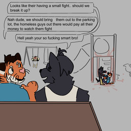 anthro blood bodily_fluids clothing fight male playground profanity public punch text young ggript canid canine canis felid mammal pantherine tiger wolf 1:1 english_text hi_res