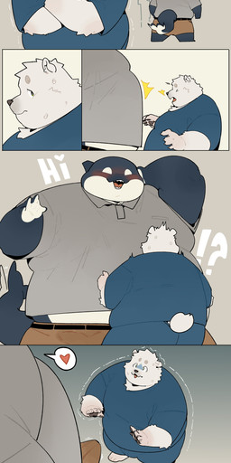 anthro belly big_belly bodily_fluids bottomwear bulge clothing duo fur kemono male musical_note musical_symbol obese obese_anthro obese_male outside overweight overweight_anthro overweight_male scared shirt shorts sweat symbol topwear walking white_body white_fur quanjiang aquatic bear cetacean dolphin mammal oceanic_dolphin orca polar_bear toothed_whale ursine 2025 absurd_res comic hi_res