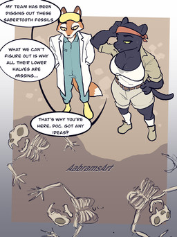 anthro biped black_body bodily_fluids bone bottomwear breasts clothed clothing dialogue duo female melanistic orange_body skeleton speech_bubble sweat text topwear yellow_sclera aabramsart canid canine felid fox mammal pantherine absurd_res comic english_text hi_res