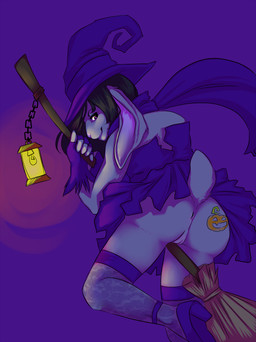 anthro anus biped broom broom_riding cleaning_tool clothed clothing dress female food footwear fruit genitals hat headgear headwear high_heels holidays lamp lantern legwear looking_back magic_user plant pumpkin purple_background purple_eyes shoes simple_background skimpy solo stockings tattoo vulva witch witch_hat spiffybunny halloween lagomorph leporid mammal rabbit