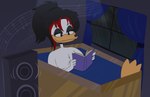 anatid anseriform anthro avian bathing bathtub bird black_hair blue_curtain book breasts comfy cozy disney duck ducktales ducktales_(2017) evening female fluffy_breasts hair hi_res listening_to_music mr._blue_(artist) night non-mammal_breasts nude one_foot_raised paivio_selanne paivio_selanne_(ducktales) ponytail raining relaxed_expression relaxed_face relaxing solo speaker