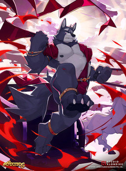 anthro black_body black_fur cloud fur looking_at_viewer male musclegut muscular nipples pawpads solo tail roosterbliss adastra adastra_(series) echo_project amicus_(adastra) canid canine canis mammal wolf absurd_res hi_res