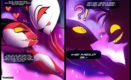 bodily_fluids duo eye_contact hypnosis licking licking_lips looking_at_another male male/male mind_control profanity short shortstack sweat teasing text tongue tongue_out ichimoral hellaverse helluva_boss blitzo_(helluva_boss) moxxie_(helluva_boss) stolas_(helluva_boss) genie humanoid imp english_text hi_res