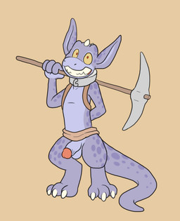alternate_species anthro balls biped collar digitigrade foreskin front_view genitals grin half-erect hand_behind_back humanoid_genitalia humanoid_penis looking_at_viewer male mostly_nude penis pickaxe retracted_foreskin smile solo standing tail blueballs kobold scalie character_request flat_colors full-length_portrait portrait