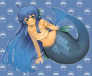 big_tail blue_eyes blue_hair blush clothing female fin hair legless looking_at_viewer midriff navel scales shirt smile solo split_form tail topwear pincerpencil madou_monogatari puyo_puyo sega seriri aquatic blue_puyo humanoid merfolk puyo puyo_(puyo_puyo)