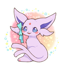 3_toes abstract_background accessory ambiguous_gender blue_eyes blue_ribbon blush bow_accessory digitigrade eyelashes facial_tuft feet feral forehead_gem forked_tail fur gem looking_at_viewer monotone_body monotone_fur open_mouth open_smile pawpads pink_background pink_pawpads purple_body purple_fur purple_inner_ear quadruped red_body red_gem ribbons simple_background sitting smile solo sparkles tail text toes tuft unusual_anatomy unusual_tail white_background wolfwithwing nintendo pokemon eeveelution espeon felid generation_2_pokemon mammal pokemon_(species) 1:1 digital_media_(artwork) hi_res japanese_text