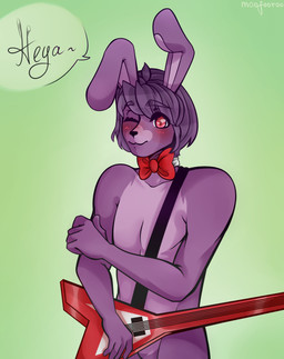 alternate_species blush bow_tie electric_guitar fur furrification guitar male musical_instrument plucked_string_instrument shy solo string_instrument moofooroo five_nights_at_freddy's scottgames bonnie_(fnaf) lagomorph leporid mammal rabbit absurd_res hi_res