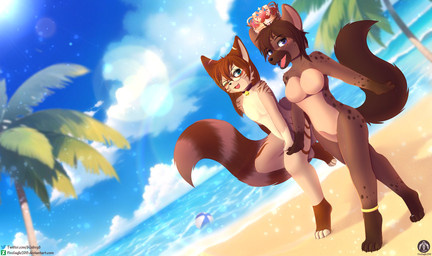 accessories_only anklet anthro beach bell bell_collar blush breasts collar collar_only crown crown_only duo dutch_angle eyewear featureless_breasts featureless_crotch female glasses gold_(metal) gold_jewelry hand_holding headgear headgear_only jewelry long_tail looking_at_viewer male nude one_eye_closed palm_tree plant rainbow round_glasses sand sea smile tail text tree walking water senz felid feline hyena mammal absurd_res hi_res url