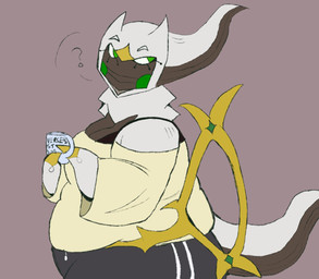 anthro anthrofied belly belly_overhang big_breasts black_bottomwear black_clothing black_pants black_sweatpants bottomwear breasts brown_background brown_body brown_hair cheek_spots cleavage clothed clothing coffee_mug curled_tail eyebrows featureless_hands female gem green_eyes green_gem hair half-closed_eyes looking_back mouthless narrowed_eyes neck_tuft overweight overweight_anthro overweight_female pants question_mark shirt side_view simple_background solo sweatpants tail text thick_tail topwear tuft white_body white_eyebrows white_hair yellow_clothing yellow_shirt yellow_topwear turkinzz nintendo pokemon arceus generation_4_pokemon legendary_pokemon pokemon_(species) 2026 english_text hi_res portrait three-quarter_portrait