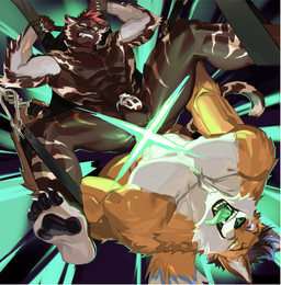 abs anal anal_penetration anthro chastity_cage chastity_cage_only chastity_device chastity_device_only duo genitals glowing glowing_genitalia glowing_penis green_penis green_tongue hair heterochromia holding_legs_up looking_pleasured male male/male multicolored_body muscular muscular_male nude orange_body panicked_look pawpads penetration penile penile_penetration penis penis_in_ass red_hair sex sex_swing tongue tongue_out wearing_chastity_cage wearing_chastity_device simone_parker canid canine felid fox mammal prehistoric_species saber-toothed_tiger hi_res