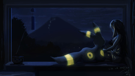 ambiguous_gender black_body black_fur black_hair bottomwear breasts clothed clothing duo female feral fur furniture glowing glowing_markings hair inside life_with_eeveelutions long_hair looking_out_window looking_outside markings mosquito_repellent mountain night plant ring_(marking) ringed_ears ringed_tail shirt shorts sitting sitting_on_window_sill sky striped_markings striped_tail stripes tail tail_markings topwear tree wind_chime window window_sill karu_wacame nintendo pokemon animal_humanoid aquatic aquatic_humanoid eeveelution fish fish_humanoid generation_2_pokemon humanoid mammal pokemon_(species) shark shark_humanoid umbreon digital_media_(artwork) hi_res signature