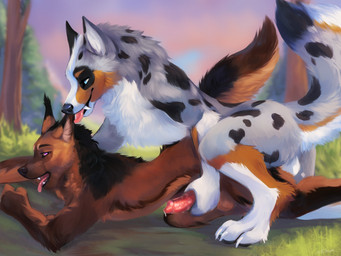 anal anal_penetration animal_genitalia animal_penis anthro balls black_nose black_tail_tip blue_eyes bodily_fluids brown_body brown_eyes brown_fur brown_tail canine_genitalia canine_penis claws dipstick_tail duo fur genital_fluids genitals grey_body grey_fur grey_tail male male/male markings penetration penis precum tail tail_markings tongue tongue_out white_balls white_claws kinsheph australian_shepherd canid canine canis domestic_dog herding_dog mammal maned_wolf pastoral_dog sheepdog hi_res
