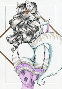 5_fingers amber_eyes anal anal_penetration anthro big_breasts big_butt bottomless breasts butt buttplug buttplug_in_ass buttplug_insertion clothed clothing discarded_clothing ear_piercing ear_ring female fingers fur garter_straps genitals hair legwear long_hair looking_back object_in_ass panties penetration piercing plug_(sex_toy) plug_insertion ring_piercing sex_toy sex_toy_in_ass sex_toy_insertion solo stockings striped_body striped_fur stripes thick_thighs thigh_highs underwear vulva longinius aisha_(longinius) felid mammal pantherine tiger absurd_res hi_res portrait three-quarter_portrait traditional_media_(artwork)