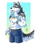 anthro athletic athletic_male beach_trunks black_body black_fur black_sclera blue_eyes dessert food fur hair ice_cream licking male navel pecs pointy_ears ponytail prick_ears scar solo tail tongue white_body white_fur c82102111 lifewonders tokyo_afterschool_summoners masanori_(tas) canid canine canis domestic_dog mammal nordic_sled_dog spitz hi_res