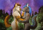 2016 anthro black_body black_fur blue_eyes blue_hair blue_nipples blue_nose breasts brown_hair canid canine canis duo ear_piercing eye_contact female forest fur grey_body grey_fur hair looking_at_another male mammal night nipples nude oil_painting_(artwork) orange_body orange_fur outside painting_(artwork) piercing plant romantic romantic_ambiance romantic_couple scale_(artist) standing star tattoo traditional_media_(artwork) tree wolf