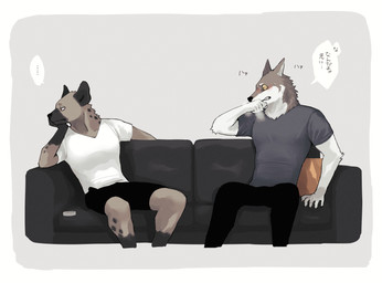 anthro ashtray black_markings black_spots blush blush_lines bodily_fluids bottomwear brown_body brown_fur clothed clothing dialogue duo fur furniture kemono male male/male markings multicolored_body multicolored_fur pants shirt shorts sofa speech_bubble spots spotted_body spotted_fur sweat sweatdrop t-shirt text topwear two_tone_body two_tone_fur white_body white_fur k0bit0wani canid canine canis hyena mammal spotted_hyena wolf 2021 comic hi_res japanese_text translation_check translation_request