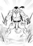 anthro balls belt black_hair bottomless clothed clothing fangs foreskin fur genitals grass hair holding_object holding_weapon looking_at_viewer male markings muscular muscular_anthro muscular_male open_mouth penis plant ponytail pubes sharp_teeth solo spots spotted_body spotted_fur standing teeth tongue topwear weapon badcoyote kyyanno cheetah felid feline mammal 2021 black_and_white hi_res monochrome sketch