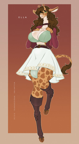anthro boots bottomwear breasts brown_hair bulge choker cleavage clothed clothing footwear green_eyes gynomorph hair intersex jacket jewelry knee_boots knee_highs legwear long_hair necklace panties purple_clothing purple_jacket purple_topwear shoes skirt solo topwear underwear white_bottomwear white_clothing white_skirt wmdiscovery93 ella_(wmdiscovery93) giraffe giraffid mammal hi_res