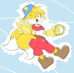 blue_clothing blue_hat blue_headwear boots bottomwear butt clothing collar cosplay crossgender crossover_cosplay female footwear gloves handwear hat headgear headwear pants red_collar shoelaces shoelaces_untied shoes simple_background mrbreadmcman bandai_namco klonoa_(series) sega sonic_the_hedgehog_(series) klonoa miles_prower absurd_res crossover hi_res