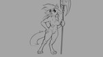 16:9 2018 4k absurd_res anthro axe biped breasts canid canine canis chest_tuft digital_drawing_(artwork) digital_media_(artwork) digitigrade domestic_dog female fur genitals grey_background hair hand_on_hip hi_res mammal melee_weapon monochrome multi_nipple nipples nude polearm pussy simple_background solo spear standing tail tuft watsup weapon widescreen