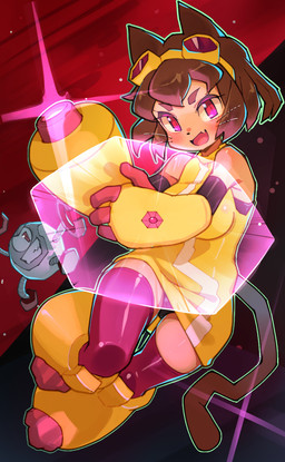 4_fingers anthro arm_cannon breasts brown_body brown_hair clothing duo eyebrows eyelashes eyewear eyewear_on_head fangs female fingers goggles goggles_on_head hair machine magenta_eyes male open_mouth open_smile panties smile teeth thigh_gap underwear whiskers yellow_sclera life_is_pi gameoverse glitch_productions kaboodle_(gameoverse) kit_bodega domestic_cat felid feline felis mammal robot 2026 hi_res