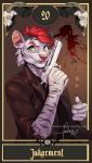 anthro art_nouveau card card_template clothing coin_toss fortune_telling fur green_eyes gun hair judgement_(tarot) looking_at_viewer major_arcana male open_mouth ranged_weapon red_hair solo stripes tarot tarot_card weapon white_body white_fur furlana finnian_ennis felid mammal pantherine tiger 2017 digital_media_(artwork) hi_res