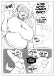 anthro athletic athletic_anthro athletic_female big_breasts bottomwear bra breasts cleavage clothed clothing dialogue female group hair hair_over_eyes hand_behind_head horn male mature_female open_mouth open_smile overweight overweight_female shorts smile speech_bubble sports_bra text trio underwear shoutingisfun bovid bovine canid canine canis cattle human mammal wolf 2022 english_text greyscale hi_res monochrome sketch