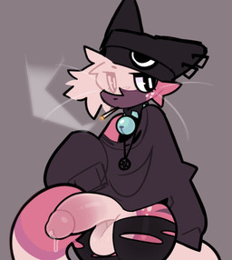 anthro balls beanie bell bell_collar big_balls big_penis black_beanie black_clothing black_hat black_headwear black_legwear black_thigh_highs bodily_fluids bottomless bottomless_anthro bottomless_male cigarette cigarette_in_mouth clothed clothing collar dripping eyelashes genital_fluids genitals grey_background hat headgear headwear humanoid_genitalia humanoid_penis leaking_penis leaking_precum legwear longsleeve looking_aside male no_underwear object_in_mouth occult_symbol pantsless partially_clothed penis pentagram piercing precum precum_drip pupils shoulderless_sweater simple_background sleeves_past_wrists smoking smoking_cigarette solo spiked_collar spikes sweater symbol thick_thighs thigh_highs topwear torn_clothing torn_thigh_highs whiskers purrmaxxing glue_(purrmaxxing) domestic_cat felid feline felis mammal under_shirt 2025 hi_res