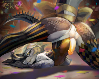 accessory anthro ass_up big_butt black_body black_hair bodysuit bodysuit_aside bow_ribbon butt butt_focus circus circus_tent claws clothed clothing confetti furgonomics genital_focus genitals gold_body grey_body grey_skin hair horn jack-o'_pose legwear looking_at_viewer male penis penis_focus pose ribbons scales skinsuit smile solo spiked_tail spikes spikes_(anatomy) split_color spotlight spread_legs spreading stage stockings stripe_pattern tail tail_accessory tail_bow tail_ribbon tent thick_thighs tight_clothing white_hair yellow_penis ksujo mythology dragon mythological_creature mythological_scalie scalie hi_res