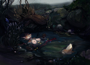 4_eyes anthro asphyxiation breasts clothed clothing detailed_background dress drowning exposed_breasts female forest fur green_clothing heterochromia landscape looking_at_viewer magic_user multi_eye nipples plant pond ribbons river scenery smile solo tail teeth tree water wet white_body white_fur witch newd four-eyes_(garbagegarage) canid canine eldritch_being fox mammal digital_media_(artwork) hi_res
